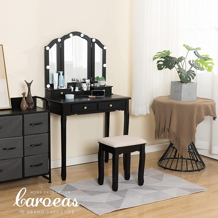 Tri-Fold Makeup Vanity with Lights, Mirror, Stool, 4 Drawers (Black)