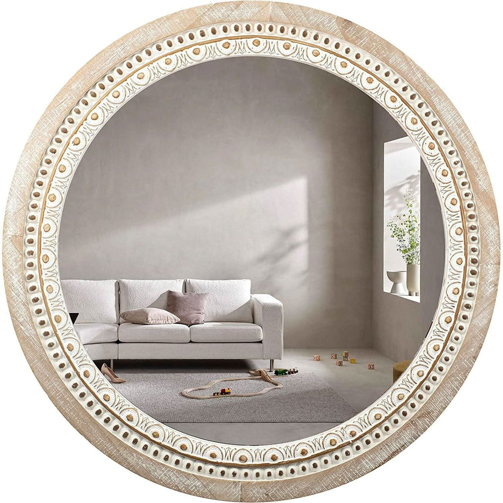 Big Round Mirror 24 Inches Rustic Round Wall Mirrors - Wooden Farmhouse Circle Mirror For Bathroom, Entryway, Bedroom, Living Room, Entryway Decorative Rustic Vanity Mirror