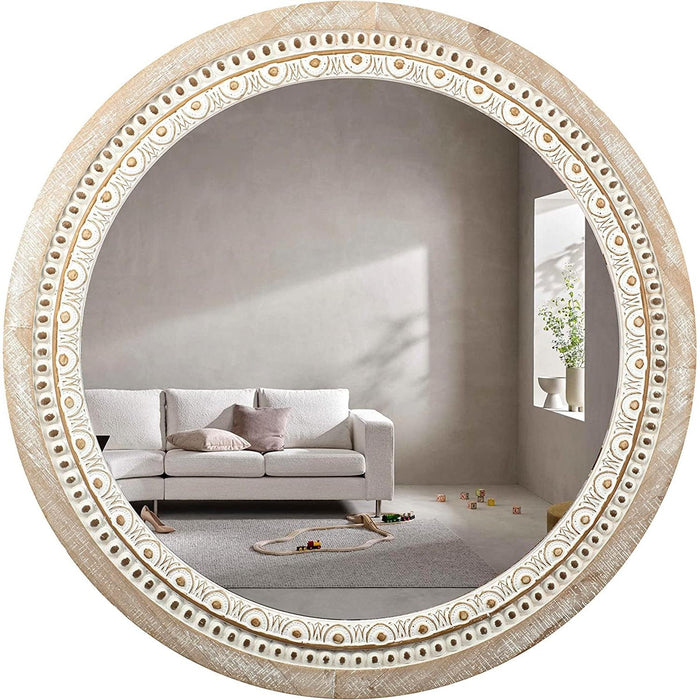 30-Inch Wooden Round Mirrors for Wall Decor, Farmhouse Rustic Large Mirror with White Wash Beads - Ideal Circle Bathroom Mirrors for Over Sink Decorative Mirror for Bedroom, Living Room, and Entryway