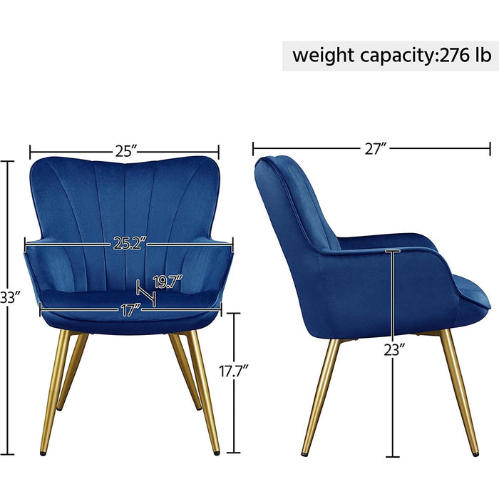 Modern Blue Velvet Wingback Chair with Metal Legs