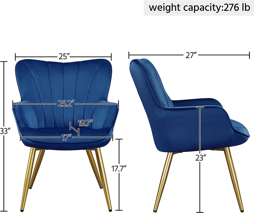 Modern Blue Velvet Wingback Chair with Metal Legs