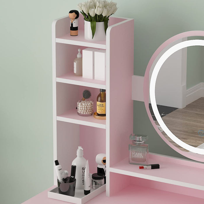 Pink Makeup Desk with round Lighted Mirror