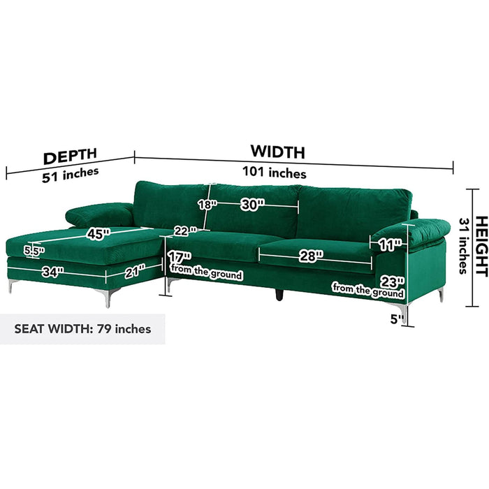 Large Green Velvet L-Shape Sectional Sofa