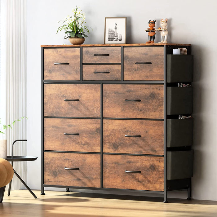 Rustic Brown 10-Drawer Chest of Drawers with Side Pockets