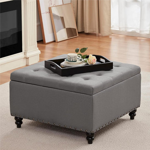 Grey Tufted Ottoman with Storage and Tray