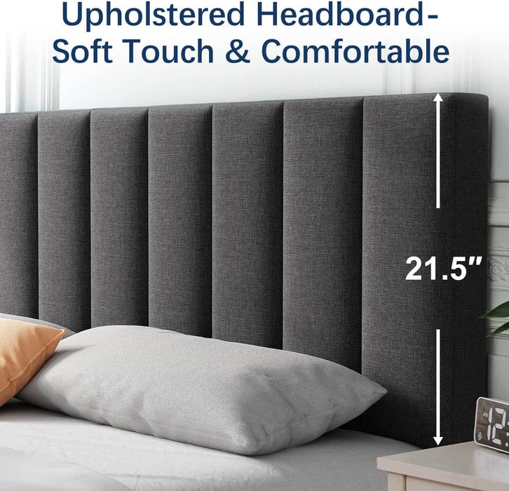 Gray Queen Platform Bed Frame W/ Upholstered Headboard
