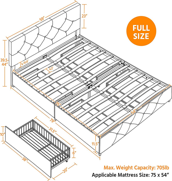 Black Full Size Upholstered Platform Bed with Drawers