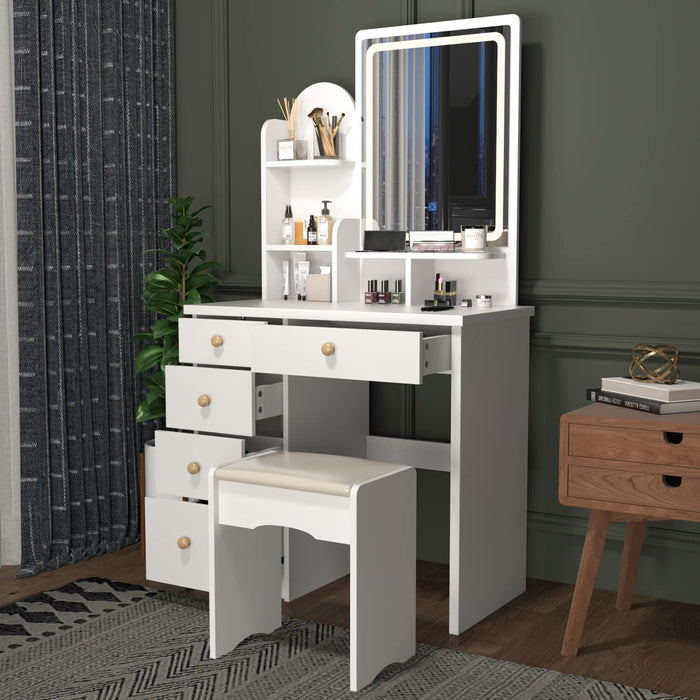 Lighted Mirror Vanity Set with Drawers and Shelves