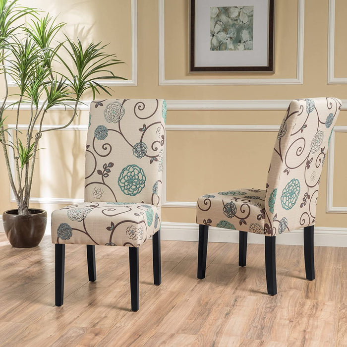 Set of 2 Pertica Fabric Dining Chairs, White and Blue Floral