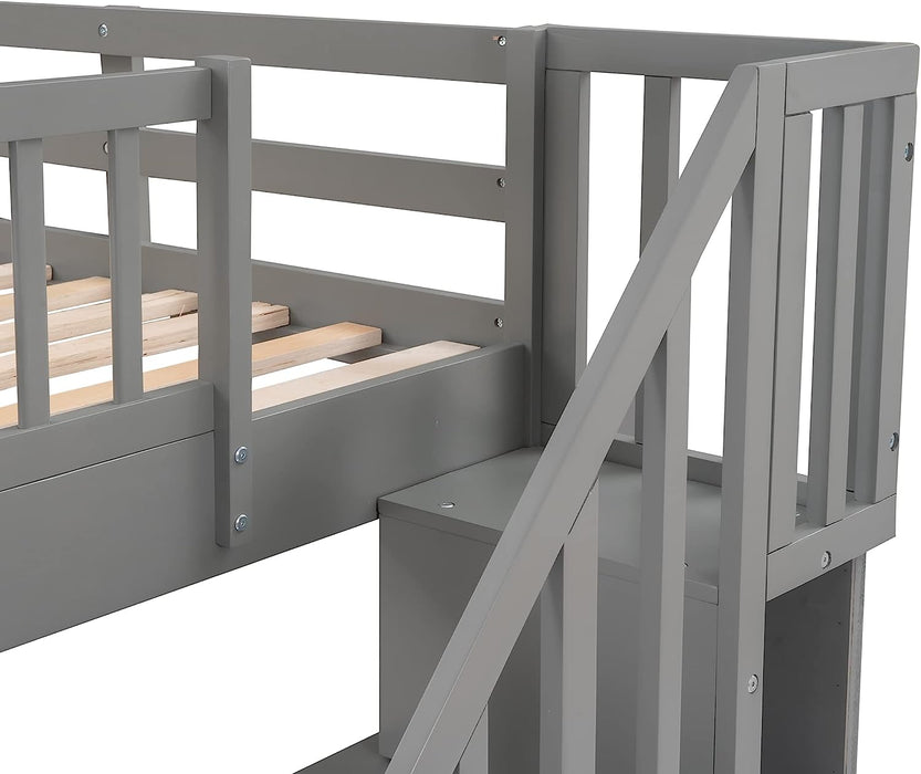 Gray Bunk Bed with Stairs and Storage Drawers
