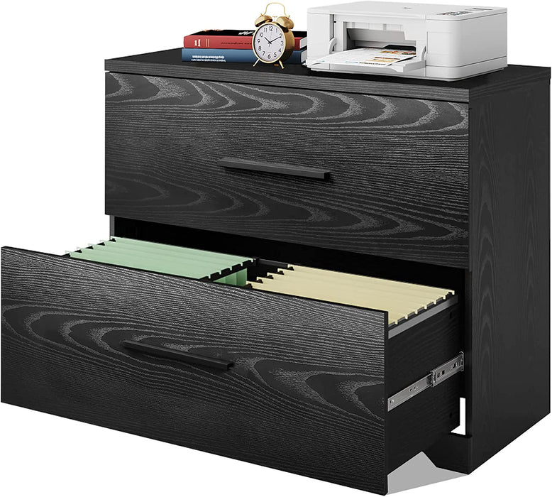 Black Wood Lateral File Cabinet with Anti-Tilt Mechanism