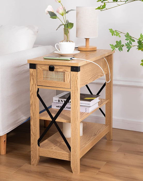 Rattan Nightstand with Flip Top and Storage Drawer