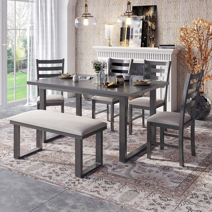 6 Piece Wooden Dining Set for 6 with Cushioned Chairs & Bench