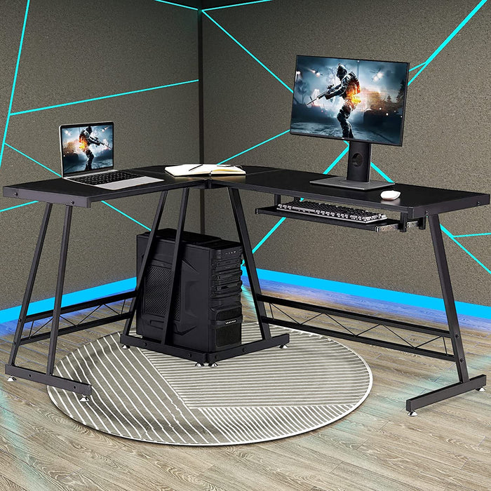 Jet Black L-Shaped Computer Desk with Stand