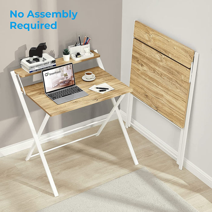 Foldable Oak Desk with Shelf for Small Spaces