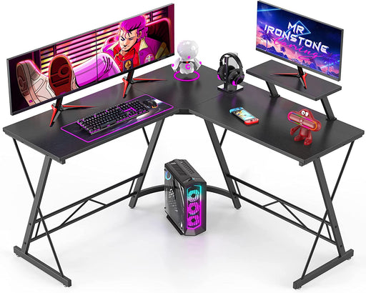 Black L-Shaped Gaming Desk with Monitor Stand