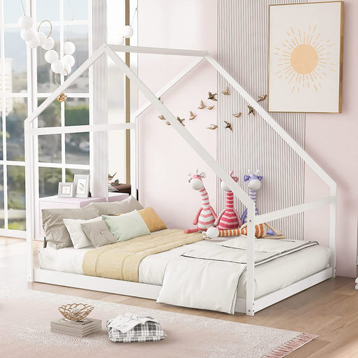 Full Size White Wooden House Bed with Roof