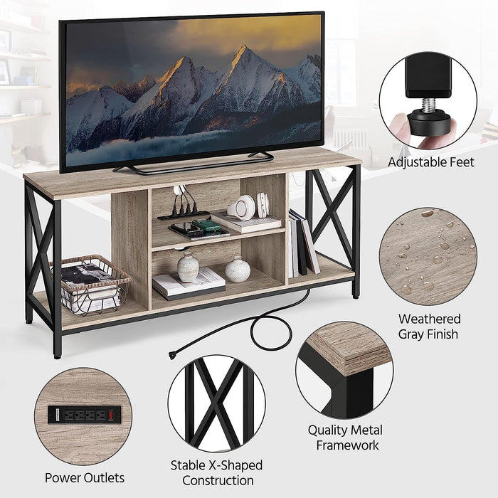 Industrial Gray TV Stand with Power Outlets