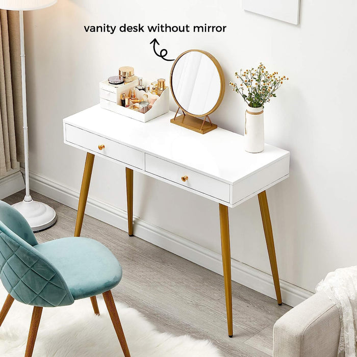 Glossy Top White and Gold 2-Drawer Vanity Desk