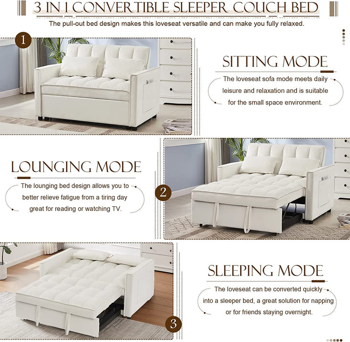 Off White Velvet Sleeper Sofa with Adjustable Backrests