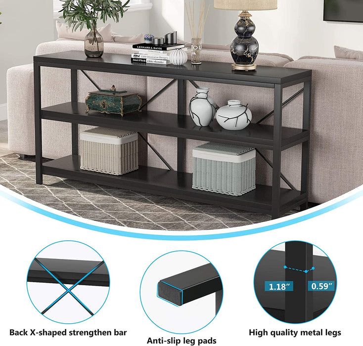 3-Tier Black Sofa Table with Storage Shelves