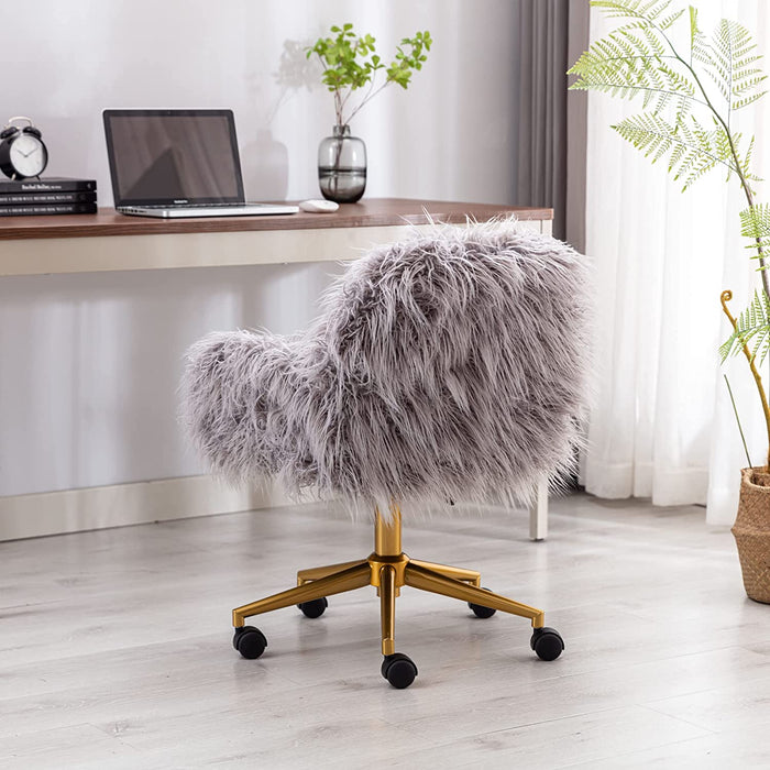 Gray Faux Fur Swivel Chair for Home Office