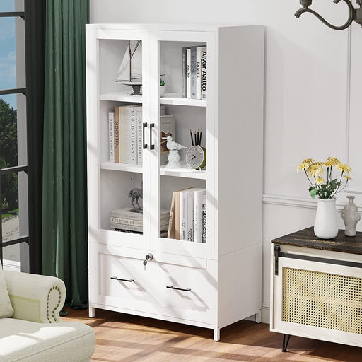 White Wood File Cabinet with Glass Doors
