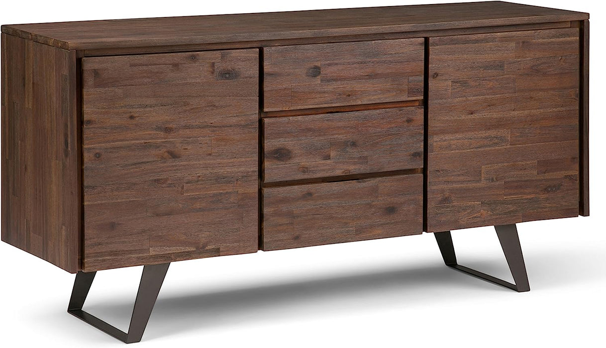 Lowry SOLID ACACIA WOOD 60 Inch Modern Industrial Sideboard Buffet and Wine Rack