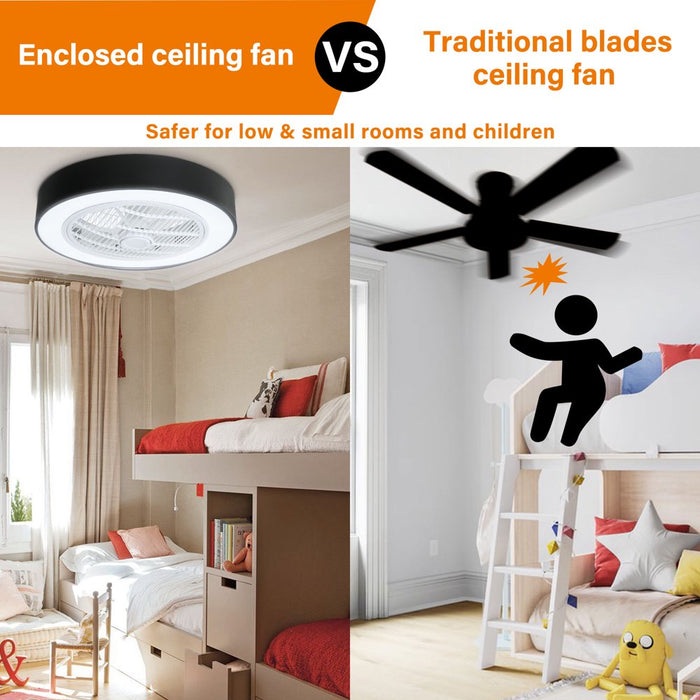 TCFUNDY 23" LED Ceiling Fan Light Kit, Enclosed Low Profile Fan, Brightness & Color Temperature Stepless Changed Semi Flush Mount Fandelier with Invisible Blades, Black