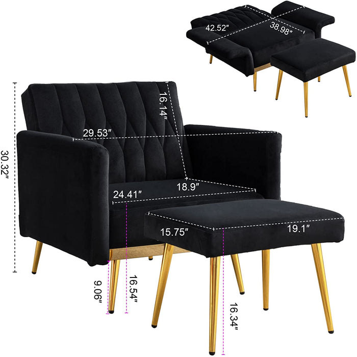 Black Velvet Lounge Chair with Ottoman, Adjustable Armrests