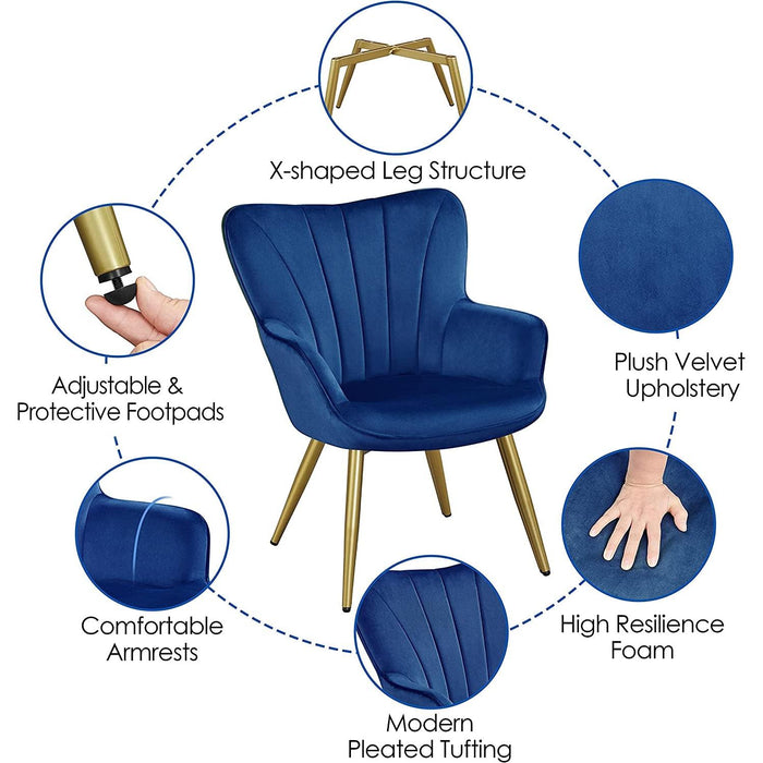 Modern Blue Velvet Wingback Chair with Metal Legs
