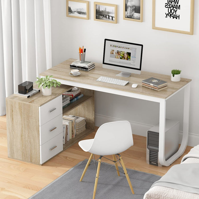 Home Office Corner Desk, Large with Drawers, Walnut