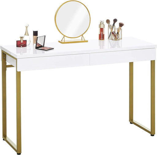 White Glossy Vanity Desk with Gold Legs, 2 Drawers