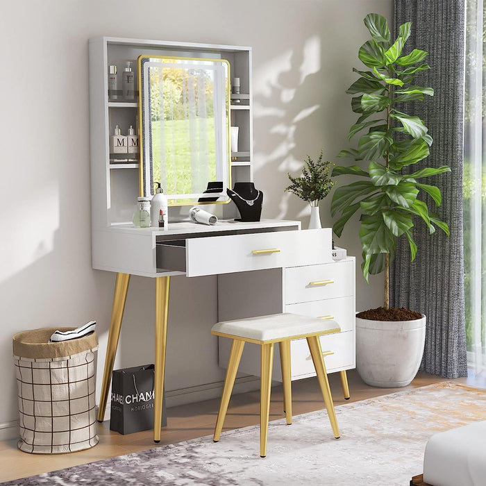 White Vanity Desk Set with Mirror and Lights