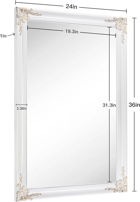 24X36 Inches White Wall Mirror, Wood Framed Rectangle Bathroom Mirror, Vintage Baroque Wall Mirror for Bedroom Bathroom and Living Room