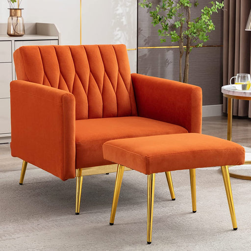Orange Velvet Chair with Ottoman and Armrests