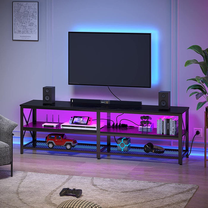 Black TV Stand with LED Lights & Power Outlets