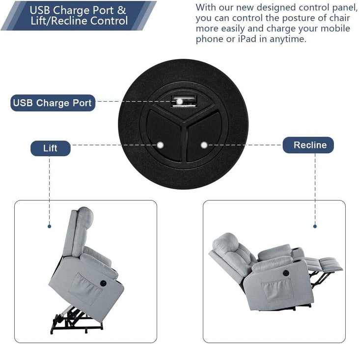 Gray Electric Power Lift Recliner with Massage and Heat