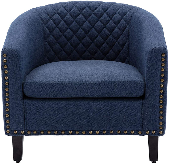 Blue Linen Barrel Chair with Nailheads and Legs