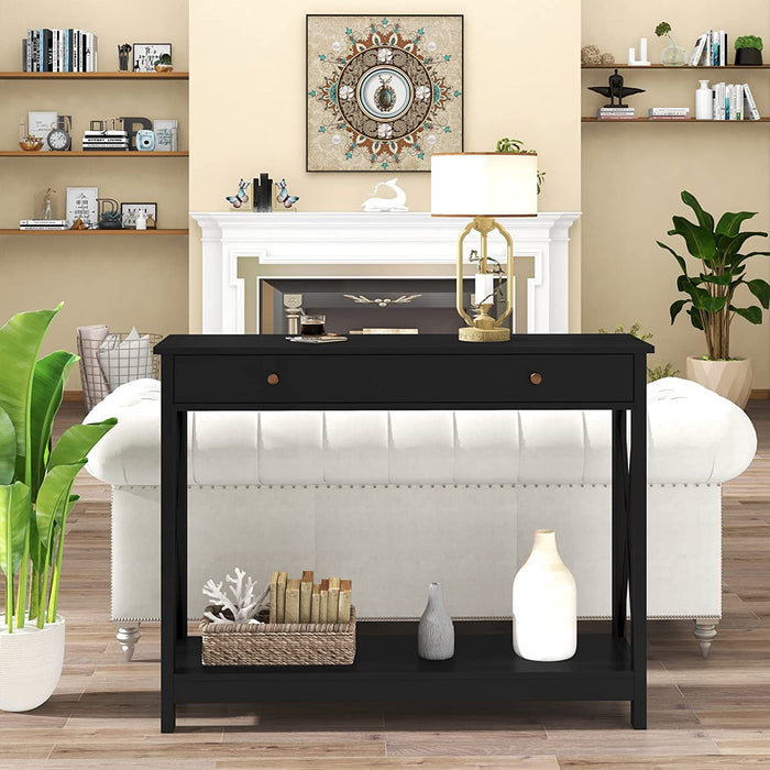 Black Console Table with Drawer and Shelves