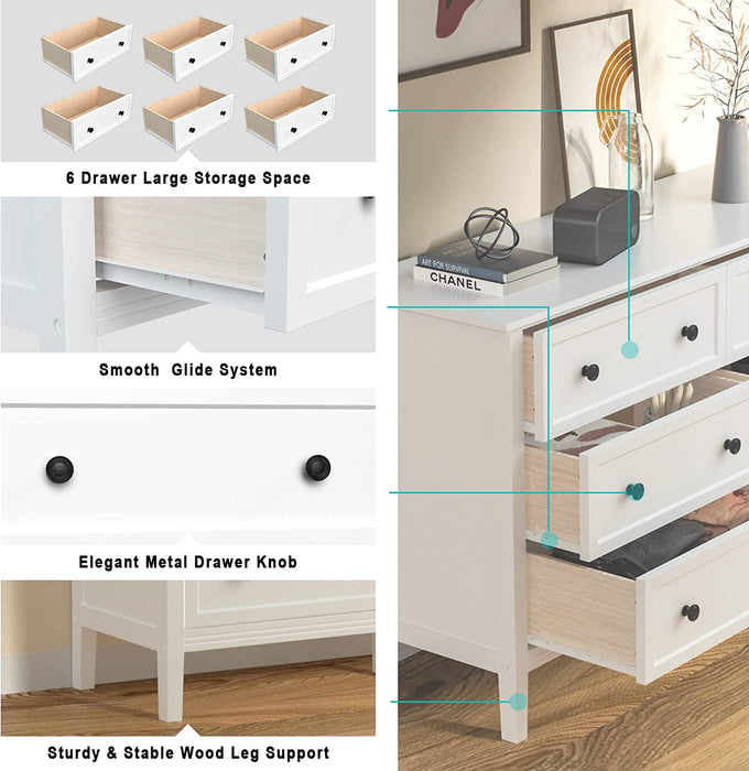 Modern White 6-Drawer Dresser with Metal Handles