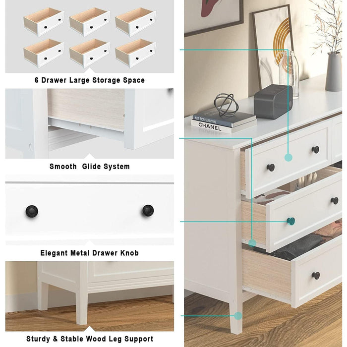 Modern White 6-Drawer Dresser with Metal Handles