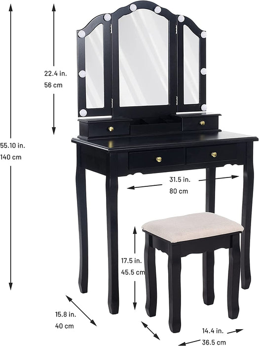 Tri-Fold Makeup Vanity with Lights, Mirror, Stool, 4 Drawers (Black)