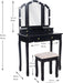 Tri-Fold Makeup Vanity with Lights, Mirror, Stool, 4 Drawers (Black)