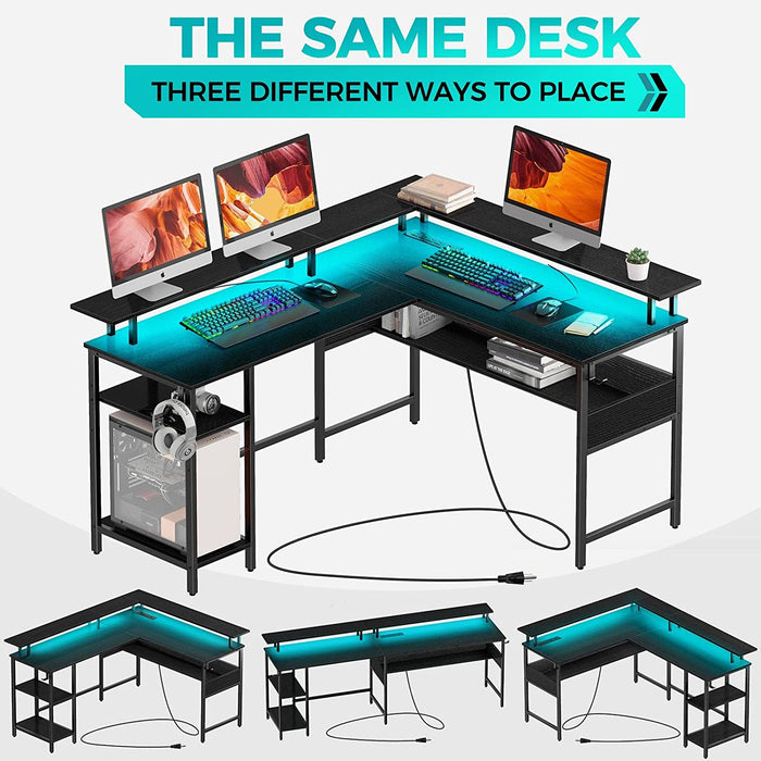 L-Shaped Computer Desk with LED Strip, Black