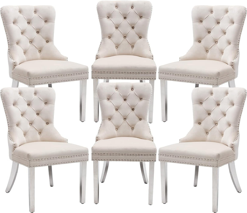 6-Piece Tufted Dining Room Chairs with Nailhead Trim, Beige