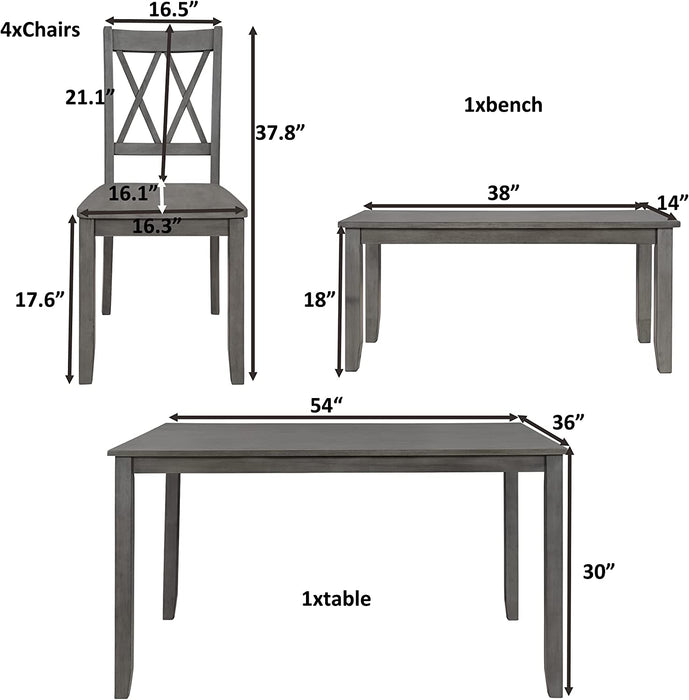 6-Piece Wooden Rectangular Dining Table Set, Antique Gray