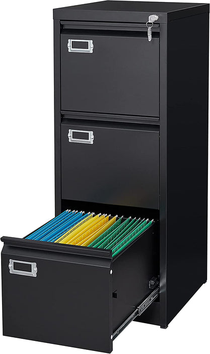 Black 3-Drawer Locking File Cabinet for Home Office