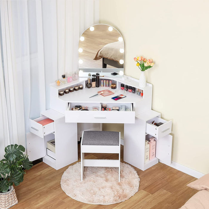 Corner Vanity Desk with Mirror and Lights