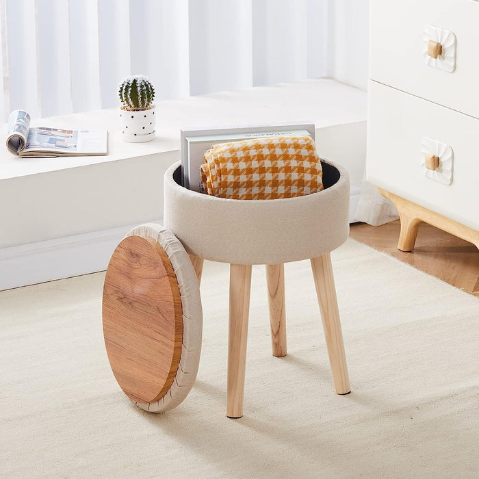 Beige Linen Ottoman with Tray Top and Wood Legs